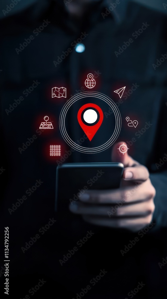 A businessman holds a smartphone with a holographic gps navigation icon over it, emphasizing sat nav, route planning, and road trip map technology A businessman holds a smartphone with a holographic gps navigation icon over it, emphasizing sat nav, route planning, and road trip map technology