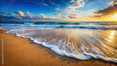 Ocean waves gently washing up onto a sandy beach, ocean, waves, beach, sandy, shore, tranquil, peaceful, summer, vacation, relaxing