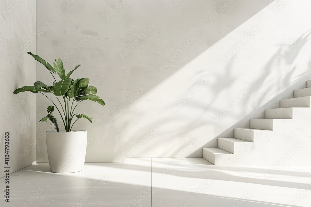 A serene indoor area showcases a vibrant green plant in a pot next to simple white stairs, with sunlight creating delicate shadows on a smooth white wall. A serene indoor area showcases a vibrant green plant in a pot next to simple white stairs, with sunlight creating delicate shadows on a smooth white wall.