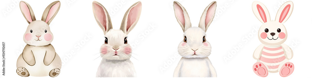 Obraz premium Baby bunny fluffy and warmth, A series of cute, stylized rabbits with varying expressions and designs, showcasing playful and whimsical characteristics.