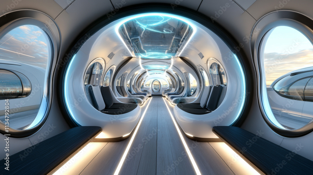 Futuristic Hyperloop Interior: Quantum Entanglement Design, 3D Rendering Futuristic Hyperloop Interior: Quantum Entanglement Design, 3D Rendering
