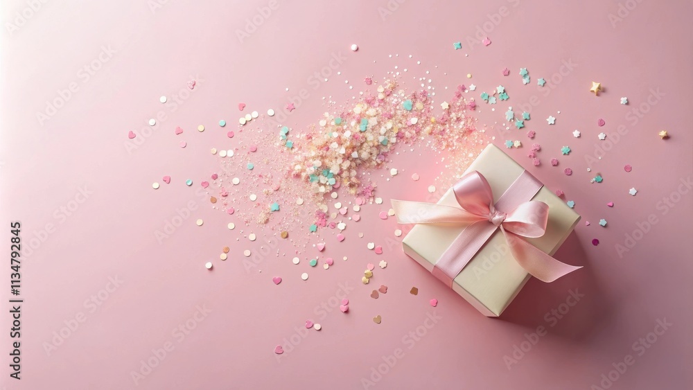 A festive gift box adorned with a delicate pink ribbon, nestled amidst a cascade of shimmering confetti and sprinkles on a soft pink background. A festive gift box adorned with a delicate pink ribbon, nestled amidst a cascade of shimmering confetti and sprinkles on a soft pink background.