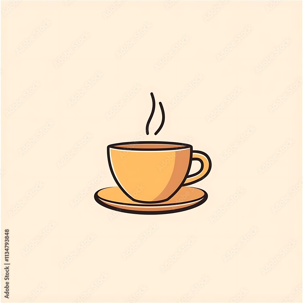 A steaming cup of tea in a simple, minimalist cartoon style, sitting on a saucer. A steaming cup of tea in a simple, minimalist cartoon style, sitting on a saucer.