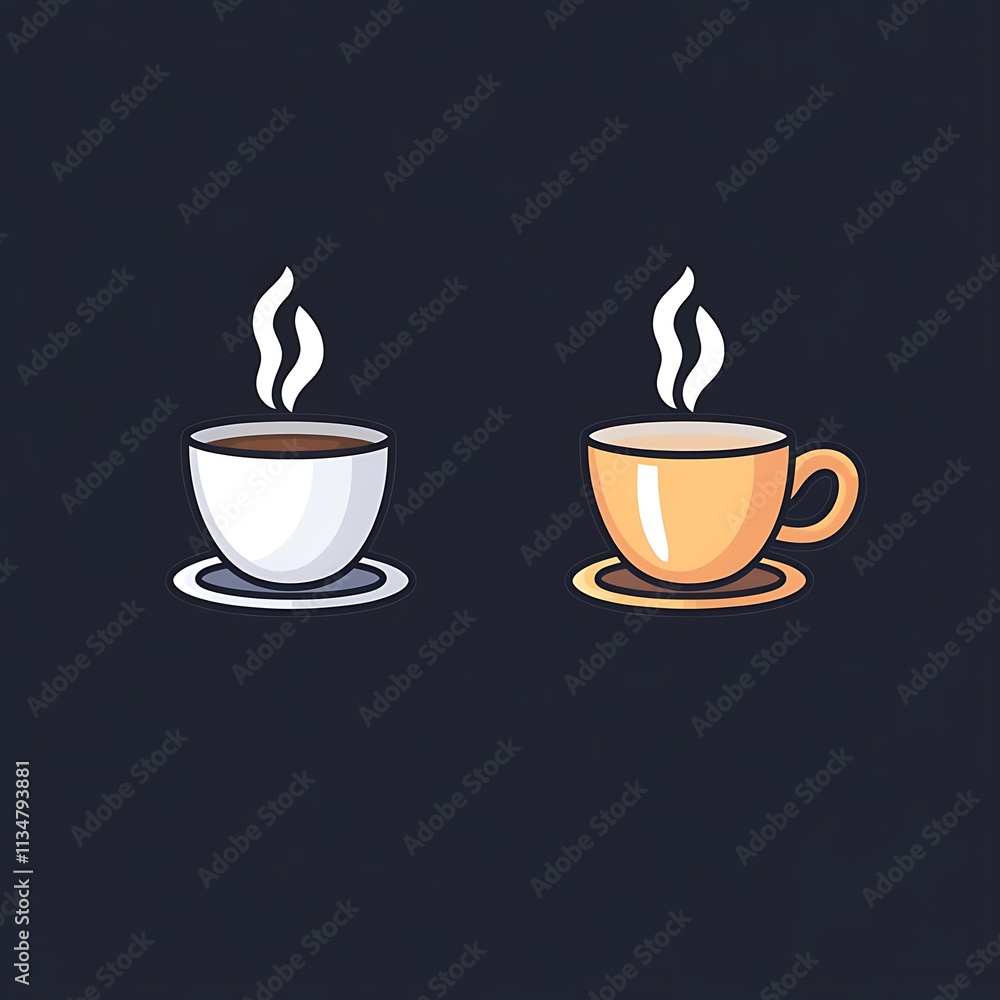 Obraz premium Two steaming cups of coffee, one white and one gold, on saucers against a dark background.