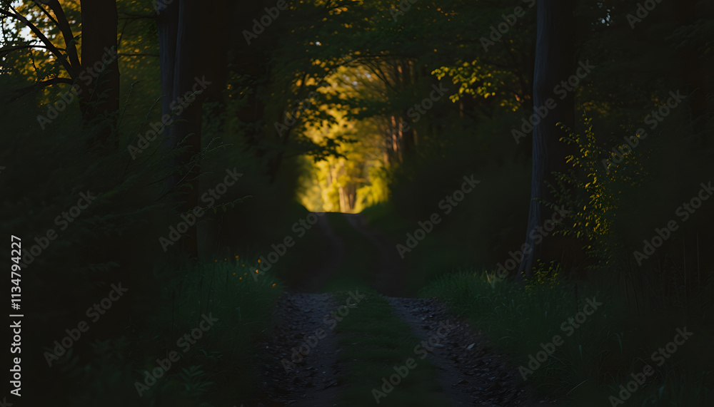 Fototapeta premium Dark Forest Path with Sunlight: Mysterious forest road bathed in golden sunlight. Trees, shadows, adventure, nature.