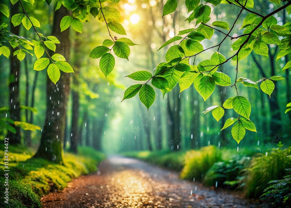 Fototapeta premium Captivating Rainy Forest Landscape with Lush Greenery and Misty Atmosphere, Perfect for Nature Lovers and Serene Outdoor Scenes