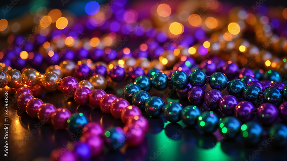 Mardi Gras beads glowing under festive lights Mardi Gras beads glowing under festive lights