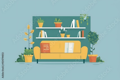 Yellow couch in a living room with books, plants, and shelves.