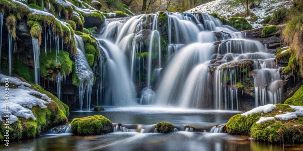 A cascading waterfall with mossy rocks, covered in a light dusting of snow, flows through a serene natural landscape. A cascading waterfall with mossy rocks, covered in a light dusting of snow, flows through a serene natural landscape.