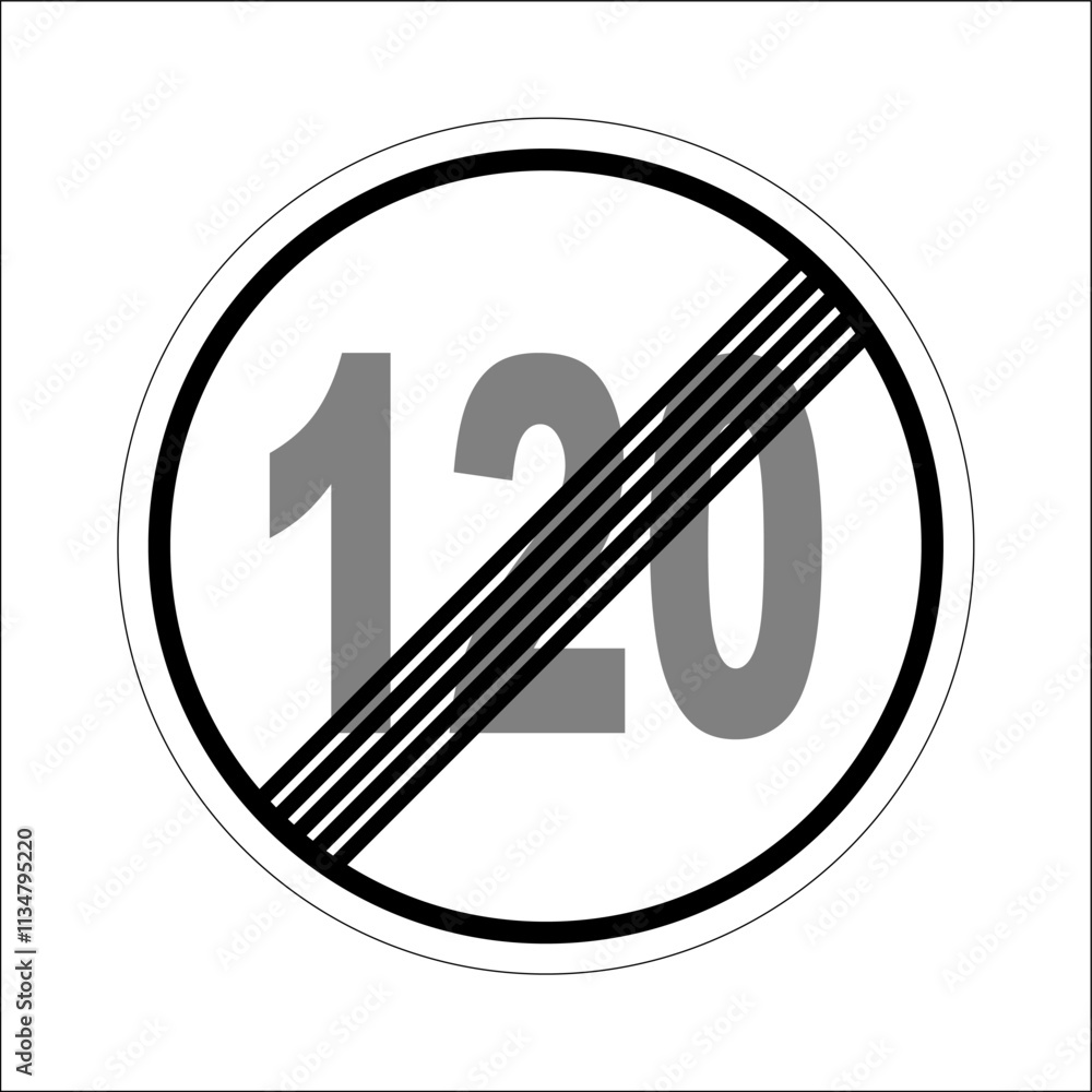 Round traffic sign indicating the end of 120 kilometers per hour speed limit, isolated over a white background Round traffic sign indicating the end of 120 kilometers per hour speed limit, isolated over a white background