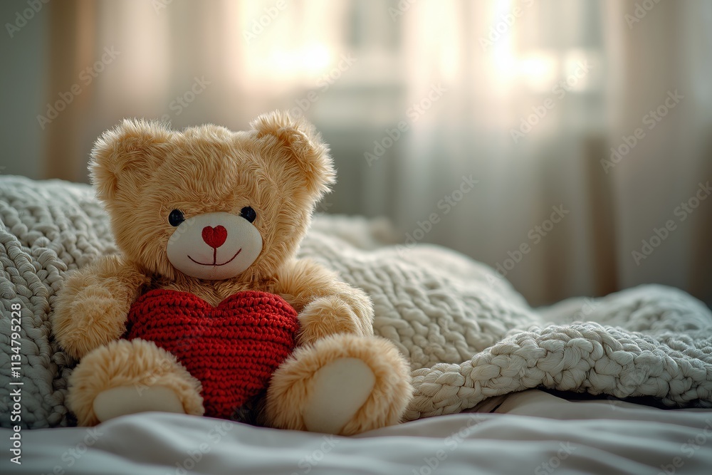 A cute teddy bear with heart is placed on a soft blanket, perfect for expressing love this Valentine's Day. This charming toy adds warmth to any cozy setting. A cute teddy bear with heart is placed on a soft blanket, perfect for expressing love this Valentine's Day. This charming toy adds warmth to any cozy setting.