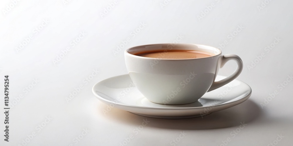 A porcelain cup of coffee with a saucer, resting on a smooth white surface, casting a soft shadow. A porcelain cup of coffee with a saucer, resting on a smooth white surface, casting a soft shadow.