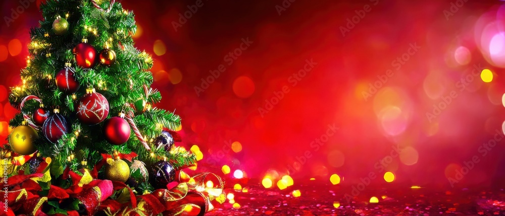 Festive Christmas Tree with Red Ornaments and Sparkling Lights Background Festive Christmas Tree with Red Ornaments and Sparkling Lights Background