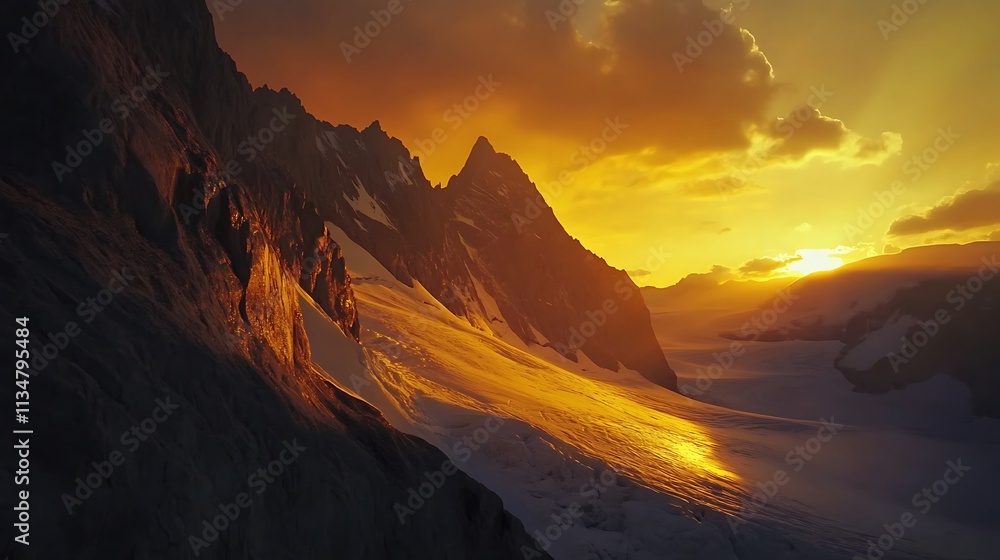 Fototapeta premium Golden Sunset Illuminates Majestic Mountain Peaks and Glacier