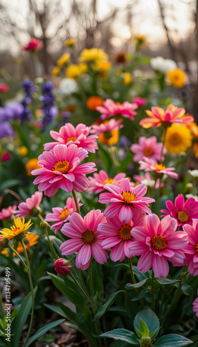 Colorful Zinnia Flowers Blooming, Summer Garden