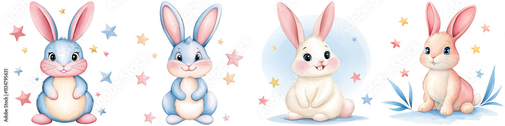 Baby bunny fluffy and warmth, Colorful cartoon rabbits in various poses, showcasing playful expressions and distinct characteristics, set against a dark backdrop. Baby bunny fluffy and warmth, Colorful cartoon rabbits in various poses, showcasing playful expressions and distinct characteristics, set against a dark backdrop.