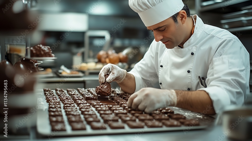 Confectioner meticulously arranges chocolate squares in a bakery Confectioner meticulously arranges chocolate squares in a bakery