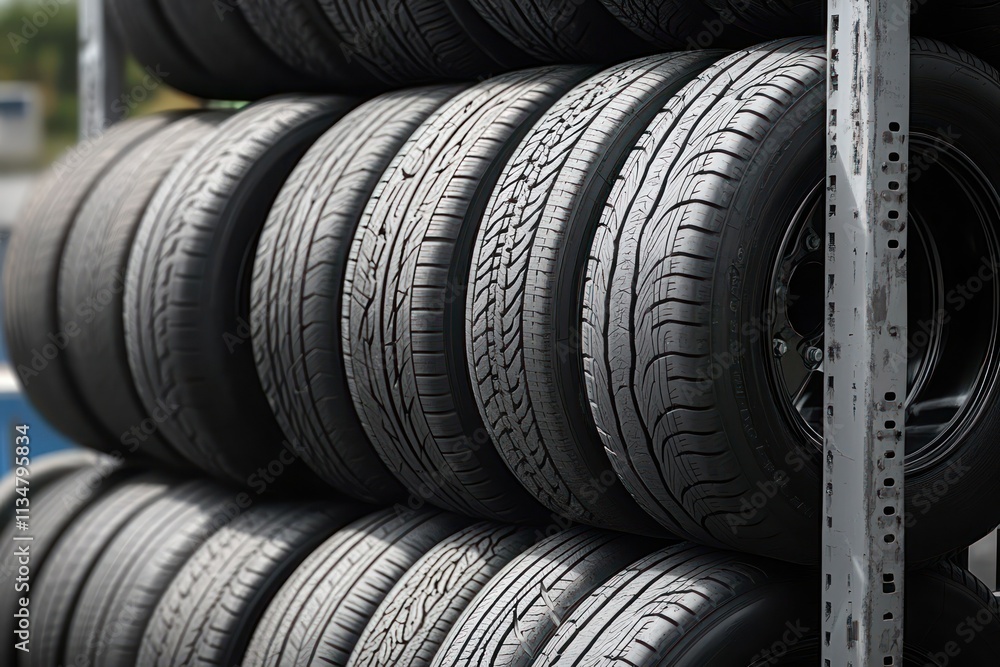 Tires Arranged on Shelf in Industrial Style with Dramatic Lighting Tires Arranged on Shelf in Industrial Style with Dramatic Lighting