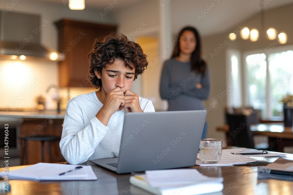 A focused young boy sits at a table, working intently on his laptop, with a concerned figure in the background suggesting a sense of tension or urgency. A focused young boy sits at a table, working intently on his laptop, with a concerned figure in the background suggesting a sense of tension or urgency.