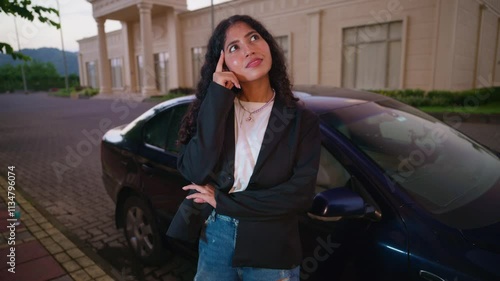 Woman near a car comes up with an idea