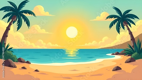 Beach background with palm trees and ocean view.