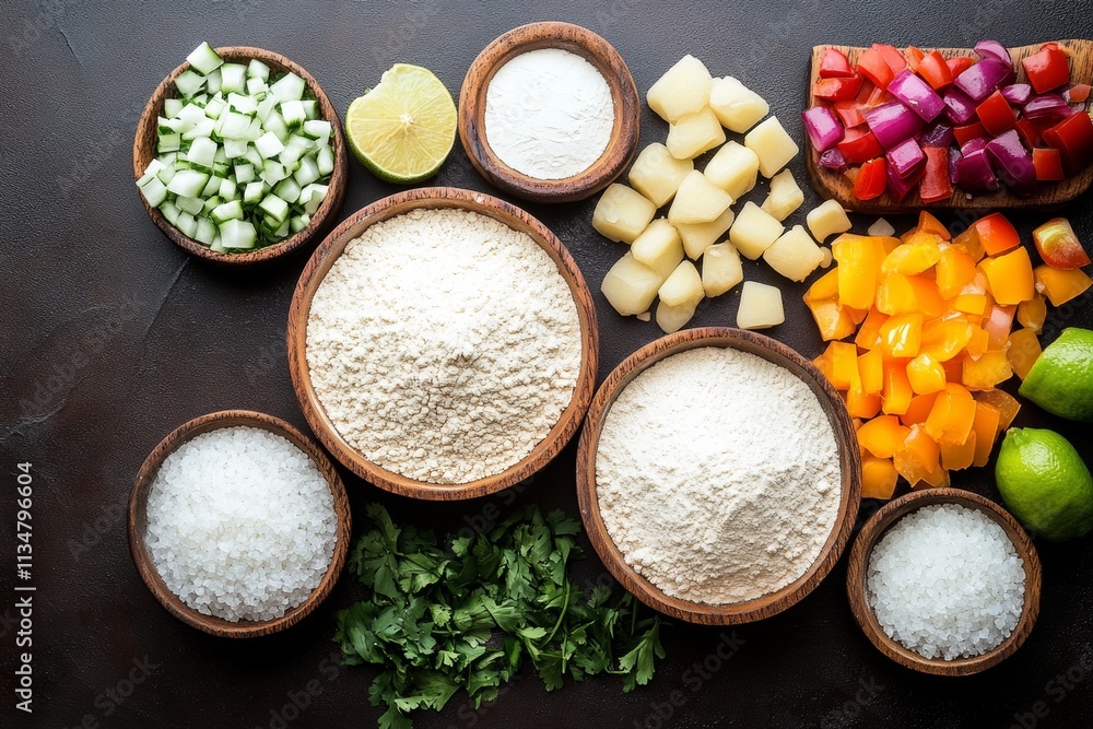 A beautiful display of ingredients for making Khobz, featuring flour, diced vegetables, and fresh herbs arranged in wooden bowls, perfect for culinary creations. A beautiful display of ingredients for making Khobz, featuring flour, diced vegetables, and fresh herbs arranged in wooden bowls, perfect for culinary creations.