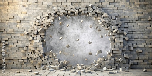 Stone wall exploding into small fragments, destruction, impact, force, debris, burst, shattered, pieces, rubble, broken