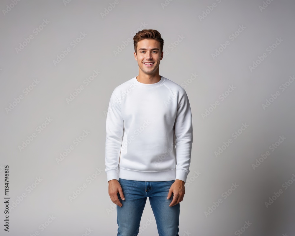 Fototapeta premium Young man wearing white sweatshirt and jeans isolated on grey background