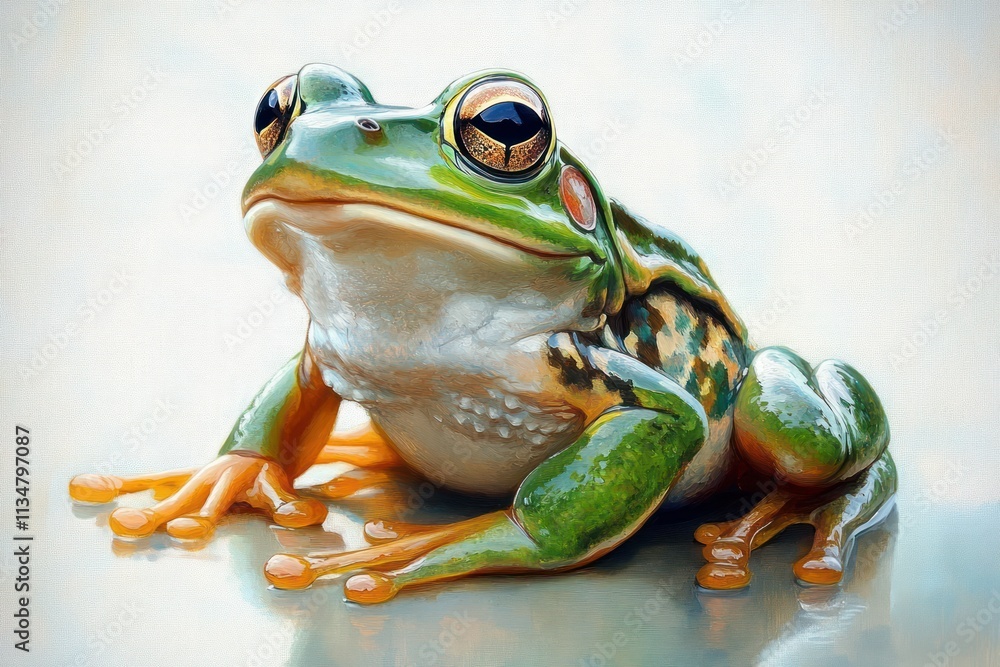 Fototapeta premium Hyper-Realistic Frog Painting Vibrant Green Brown Amphibian Naturalism