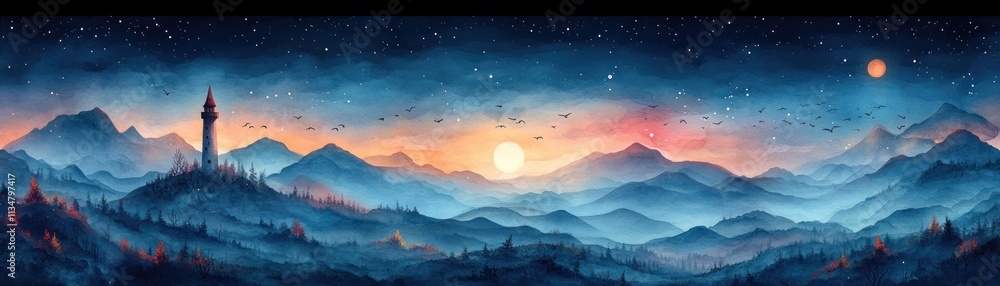 Whimsical Landscape Watercolor Fantasy Moonlight Birds Stars Tower Hills Trees Whimsical Landscape Watercolor Fantasy Moonlight Birds Stars Tower Hills Trees