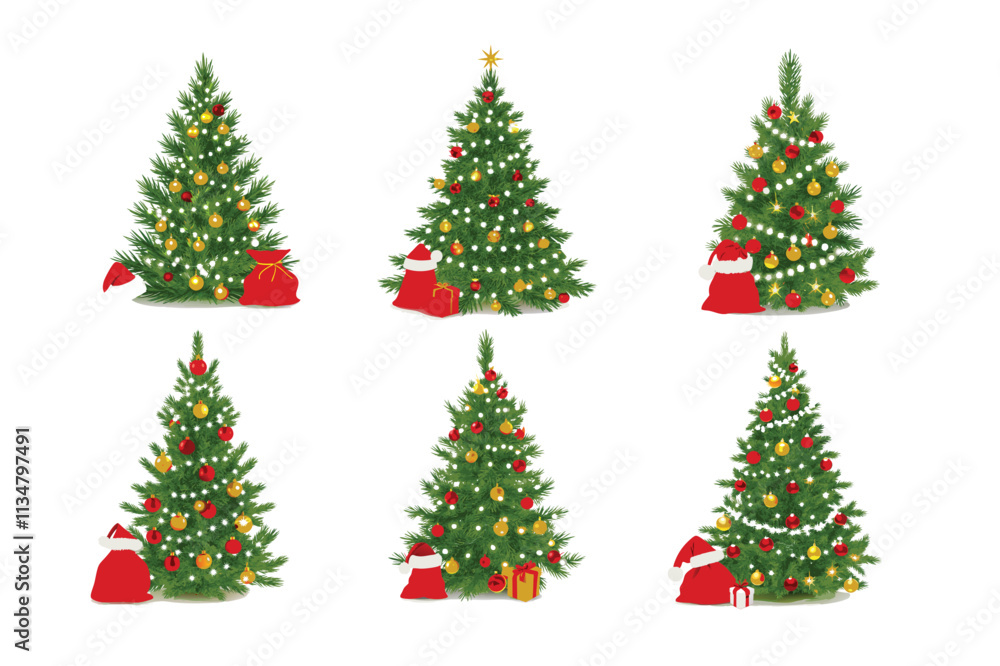 High-Quality Christmas Tree with Gifts and Red Bag on White Background High-Quality Christmas Tree with Gifts and Red Bag on White Background