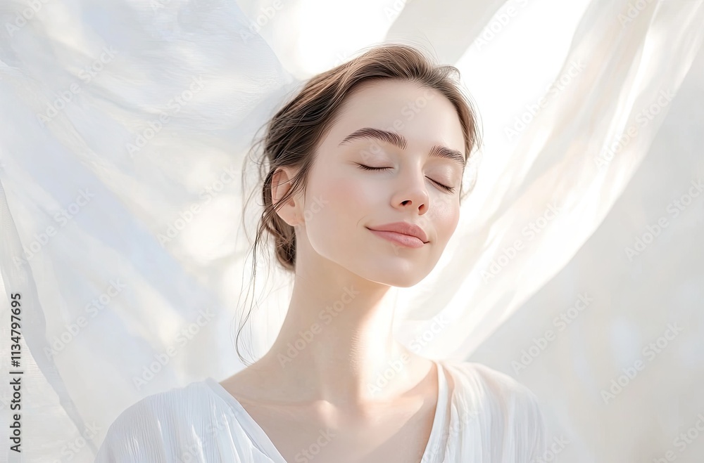 A beautiful woman in a white shirt meditates, with her eyes closed and looking at the camera, standing against a soft, light background A beautiful woman in a white shirt meditates, with her eyes closed and looking at the camera, standing against a soft, light background