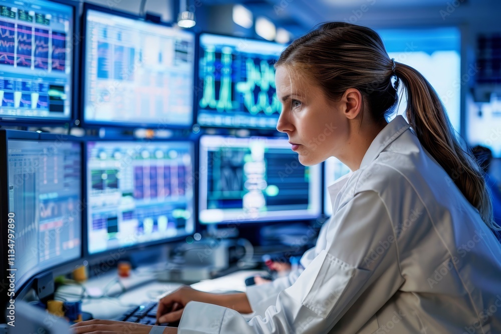 A researcher intently examines vital data across various computer screens filled with graphs and metrics in a well-equipped lab at night. A researcher intently examines vital data across various computer screens filled with graphs and metrics in a well-equipped lab at night.