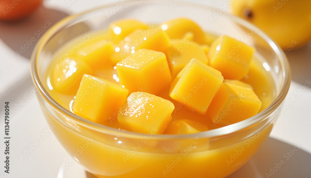 Vibrant mango pudding dessert served in a glass bowl, traditional sweet treat symbolizing sweetness and joy during festive Chinese New Year gatherings Vibrant mango pudding dessert served in a glass bowl, traditional sweet treat symbolizing sweetness and joy during festive Chinese New Year gatherings