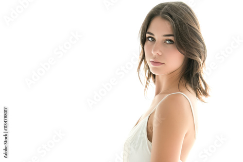 Elegant young woman with natural beauty and soft expression in a minimalist white dress against a bright background.