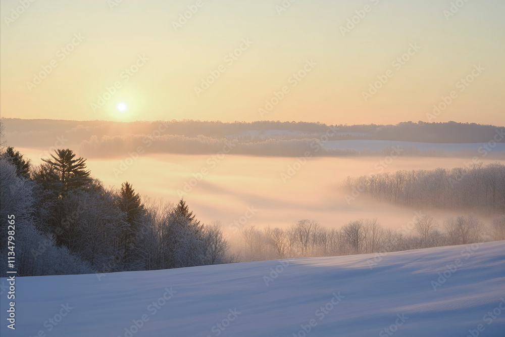 Tranquil winter sunrise over snow-covered fields and misty forested hills in a serene countryside landscape Tranquil winter sunrise over snow-covered fields and misty forested hills in a serene countryside landscape