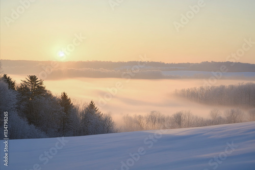 Tranquil winter sunrise over snow-covered fields and misty forested hills in a serene countryside landscape