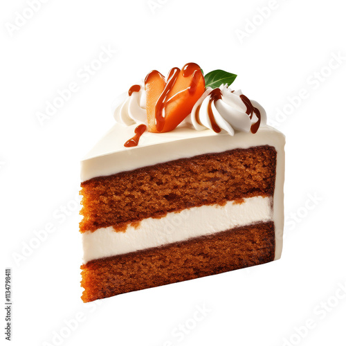 A delicious slice of cake with layers of moist sponge, creamy frosting, and topped with fruit and drizzled sauce.