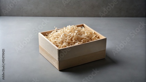 A wooden box filled with shredded wood, a simple yet elegant detail for gift wrapping