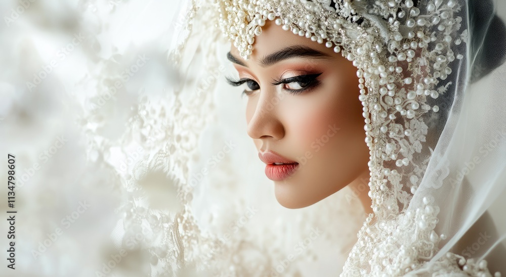 an elegant Indonesian bride wearing traditional wedding attire, featuring her head and shoulders in the frame against a white background an elegant Indonesian bride wearing traditional wedding attire, featuring her head and shoulders in the frame against a white background