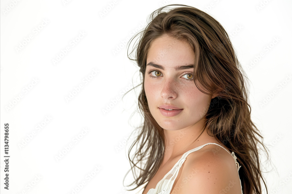 Portrait of a natural young woman with freckles and wavy hair looking confidently at the camera on a white background. Portrait of a natural young woman with freckles and wavy hair looking confidently at the camera on a white background.