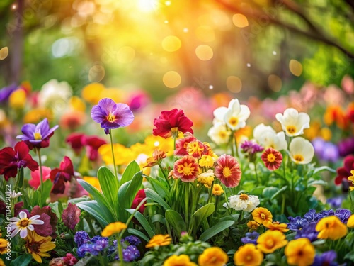 Captivating Spring Garden Bed with Bokeh Effect Showcasing Vibrant Flowers, Lush Greenery, and Soft Light for a Serene Nature Experience