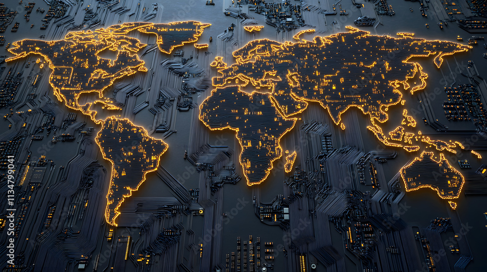 Fototapeta premium Digital world map Earth global network AI big data communication technology web internet connection transmission cyber online circuit board metallic interconnected connect