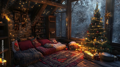 90. A cozy holiday corner with a glowing tree and festive cushions photo