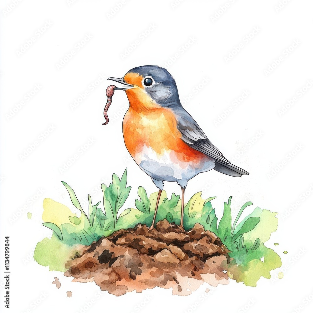 Obraz premium Watercolor illustration clipart of a robin with a worm in its beak standing on a patch of freshly turned soil, Digital clipart watercolor aesthetic, isolated on white background.