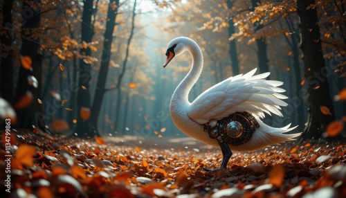 Fototapeta Naklejka Na Ścianę i Meble -  Majestic Steampunk Swan in Autumn Forest Fantasy Bird Nature Scene
