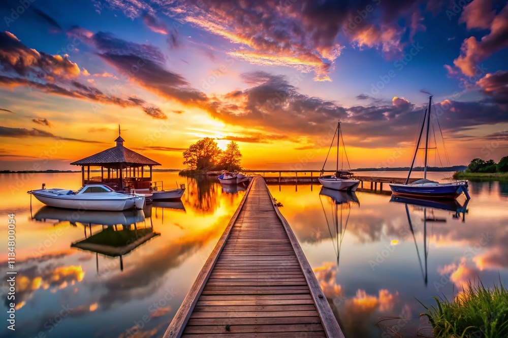 Fototapeta premium Captivating Sunset Over a Tranquil Dock with Silhouetted Boats and Reflective Waters, Perfect for Architectural Photography and Scenic Landscape Themes