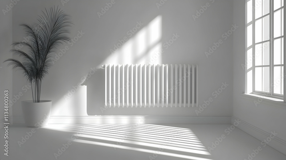 Obraz premium Minimalist white room with radiator, plant, sunlight.