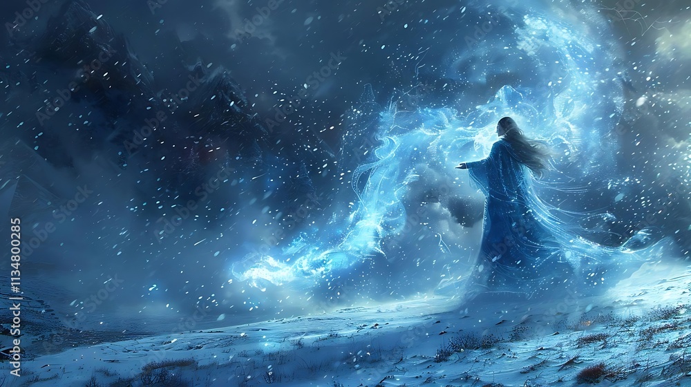 Woman in blue robe controls icy magical dragon in snowy landscape. Woman in blue robe controls icy magical dragon in snowy landscape.