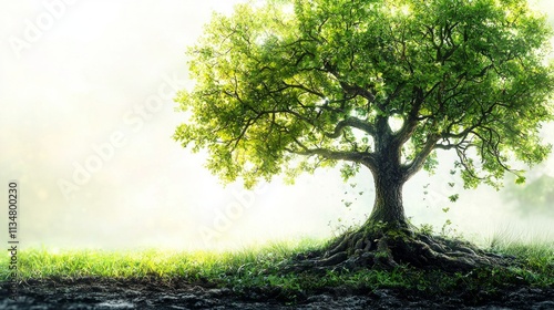 Flourishing tree strong roots and abundant foliage embodies growth and stability enhanced subtle symbols of achievement. Ideal for environmental branding and marketing.